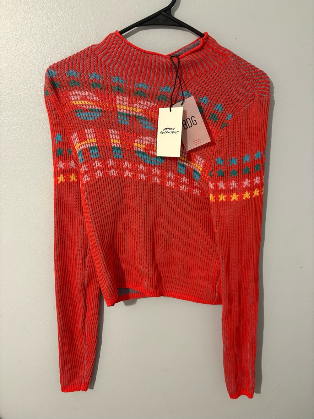 Urban Outfitters Coral Red Patterned Ribbed Turtleneck Sweater